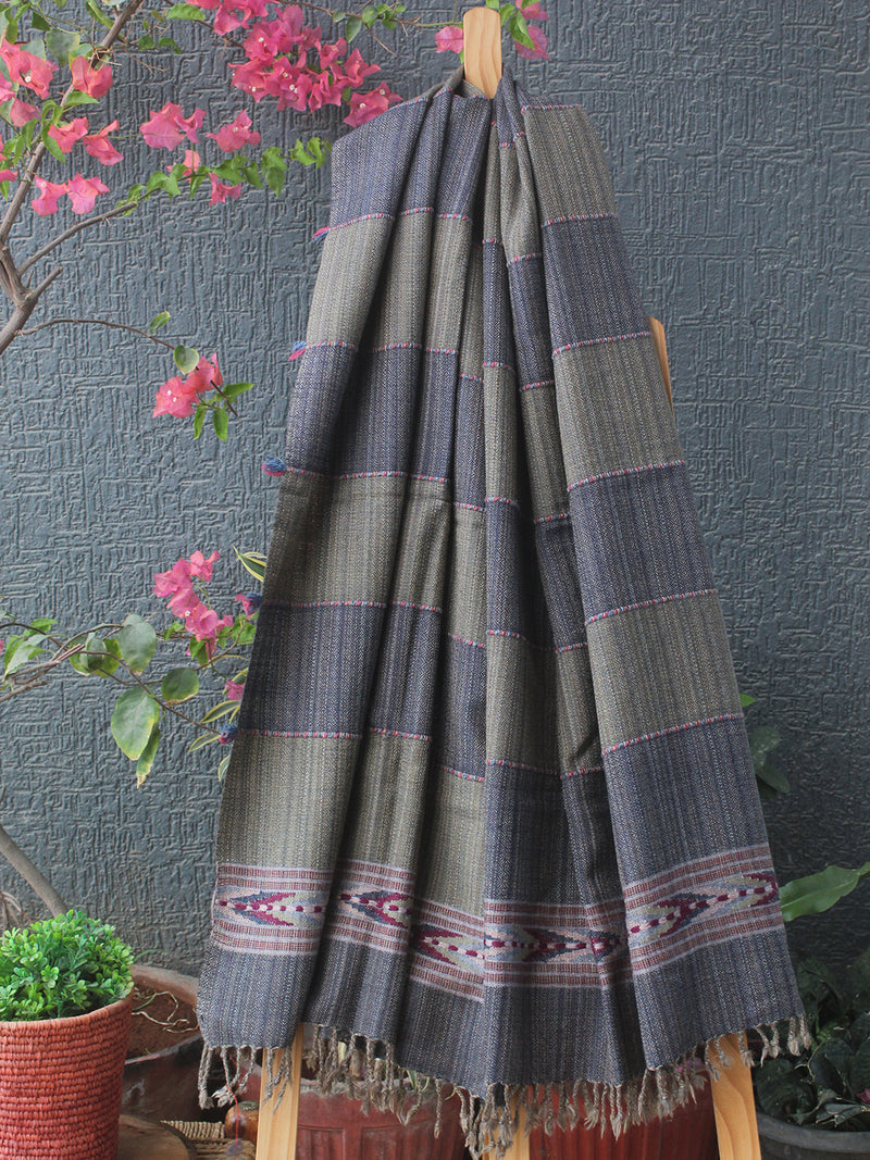Grey Striped Kullu Handloom Pure Wool Stole