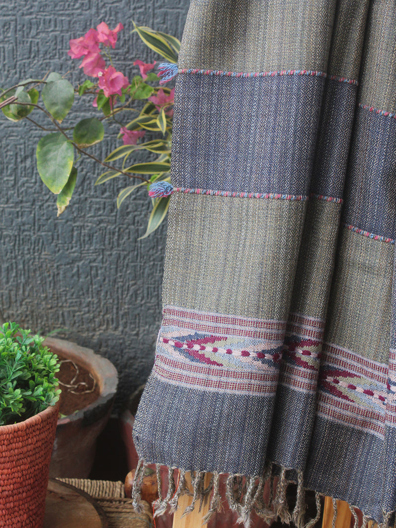 Grey Striped Kullu Handloom Pure Wool Stole