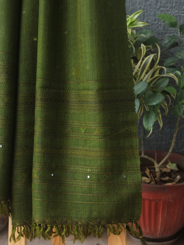 Green Bhujodi Handloom Pure Wool Jalbooti Mirror Work Stole