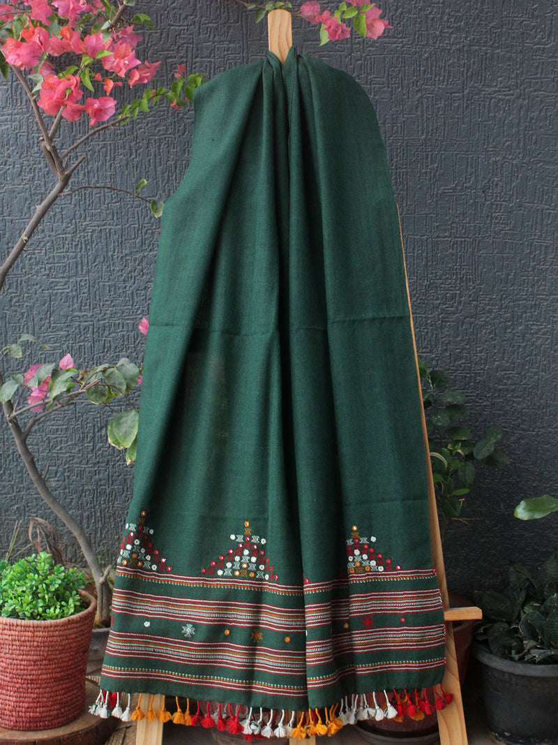 Green Bhujodi Handloom Pure Wool Devra Embroidery Mirror Work Stole