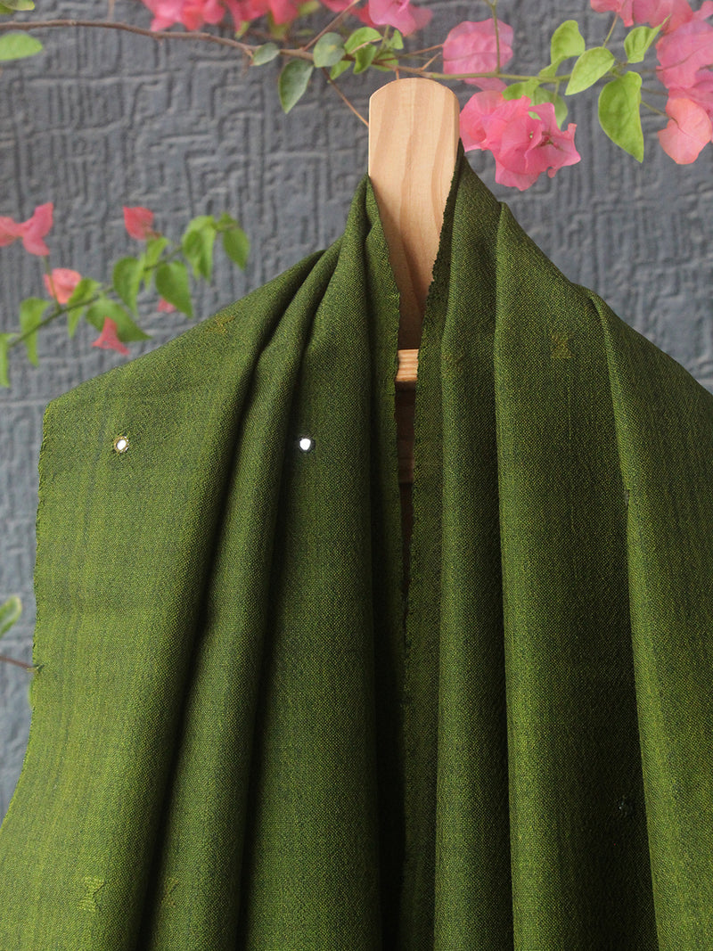 Green Bhujodi Handloom Pure Wool Jalbooti Mirror Work Stole