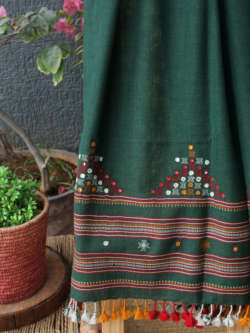 Green Bhujodi Handloom Pure Wool Devra Embroidery Mirror Work Stole