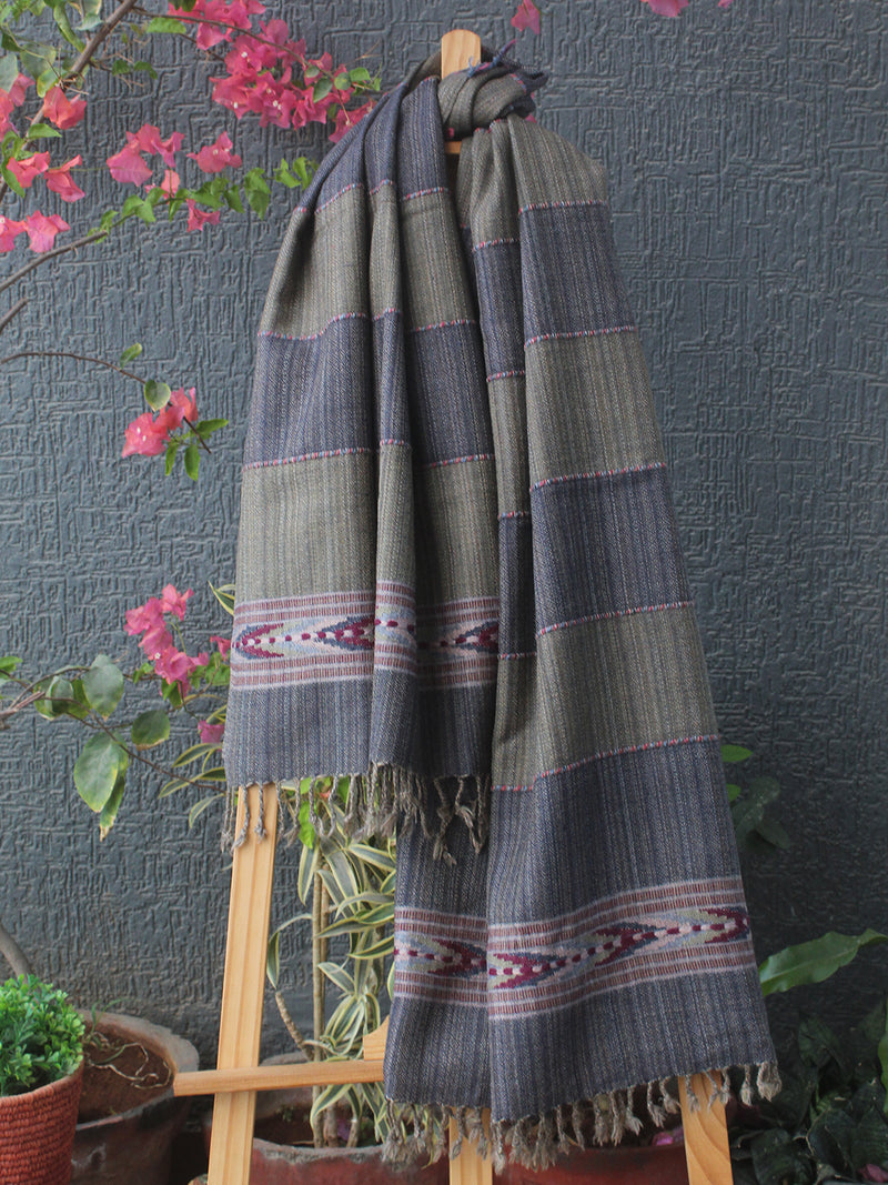 Grey Striped Kullu Handloom Pure Wool Stole