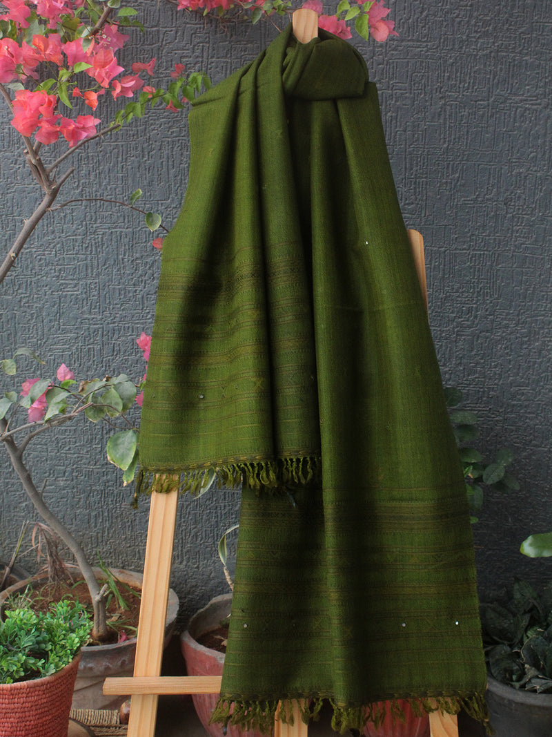 Green Bhujodi Handloom Pure Wool Jalbooti Mirror Work Stole