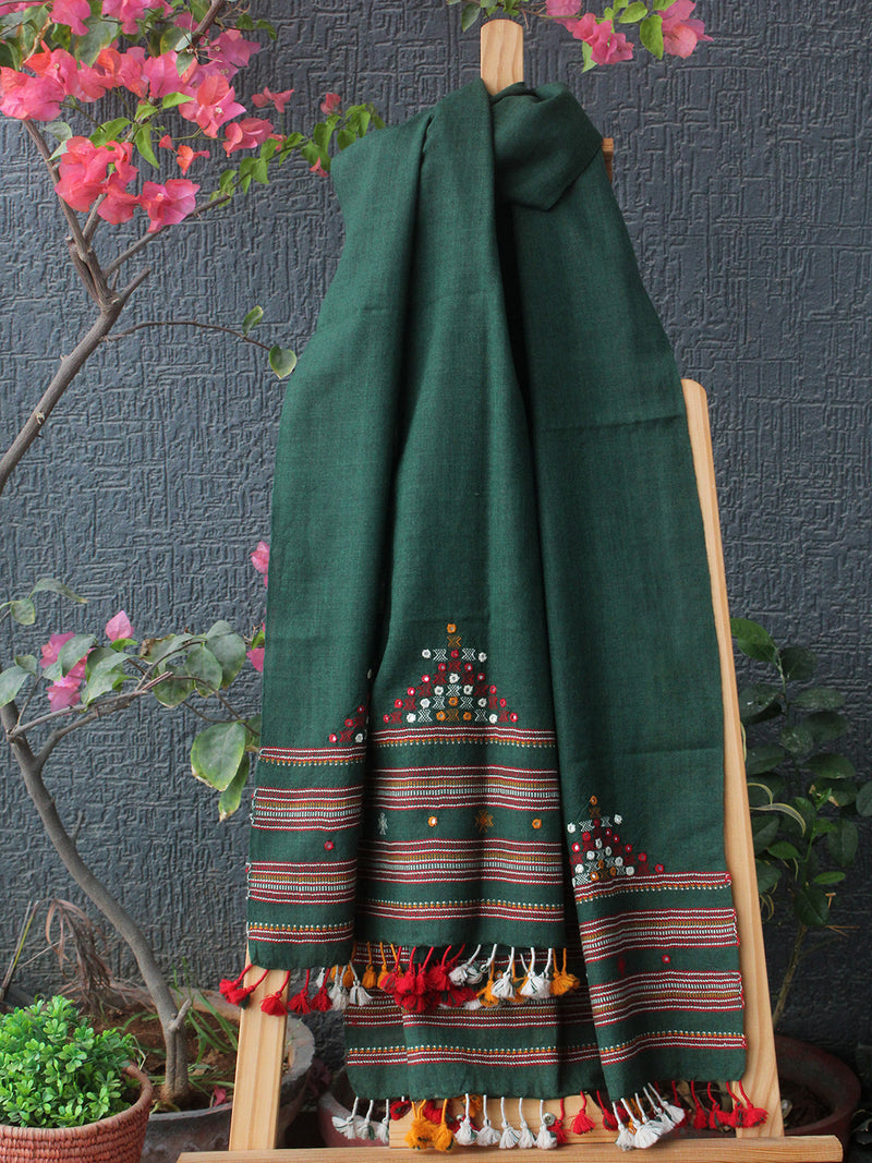 Green Bhujodi Handloom Pure Wool Devra Embroidery Mirror Work Stole