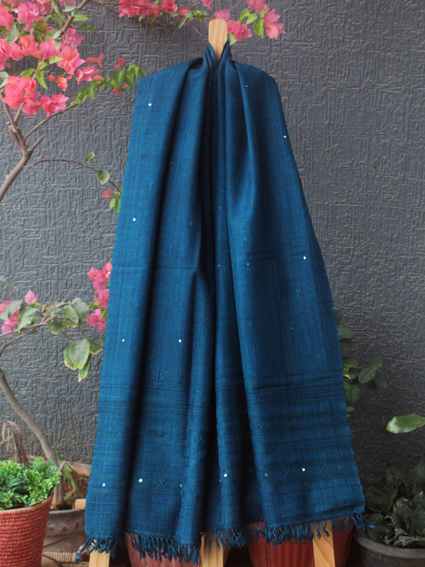 Blue Bhujodi Handloom Pure Wool Jalbooti Mirror Work Stole