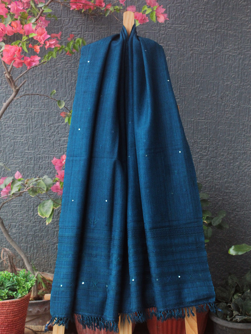 Blue Bhujodi Handloom Pure Wool Jalbooti Mirror Work Stole