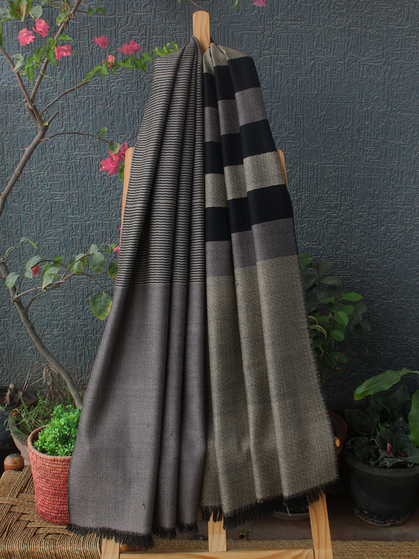 Beige and Black Handloom Pure Wool Kullu Stole