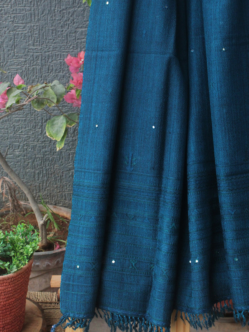 Blue Bhujodi Handloom Pure Wool Jalbooti Mirror Work Stole