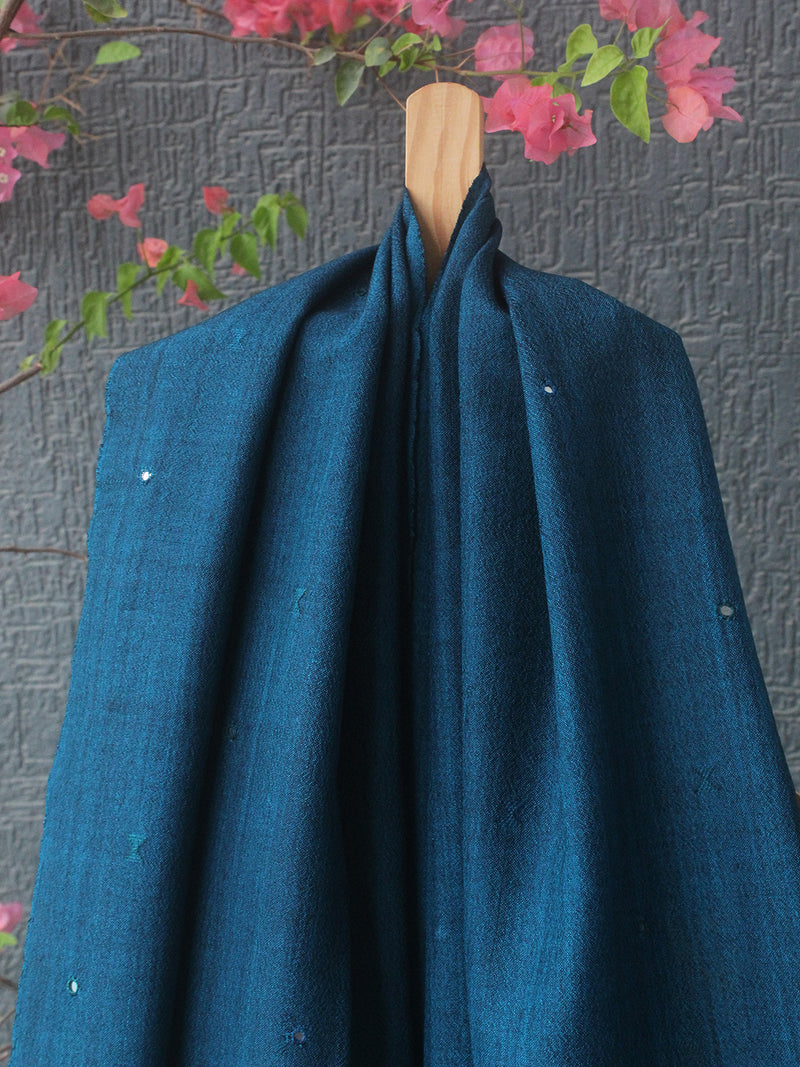 Blue Bhujodi Handloom Pure Wool Jalbooti Mirror Work Stole