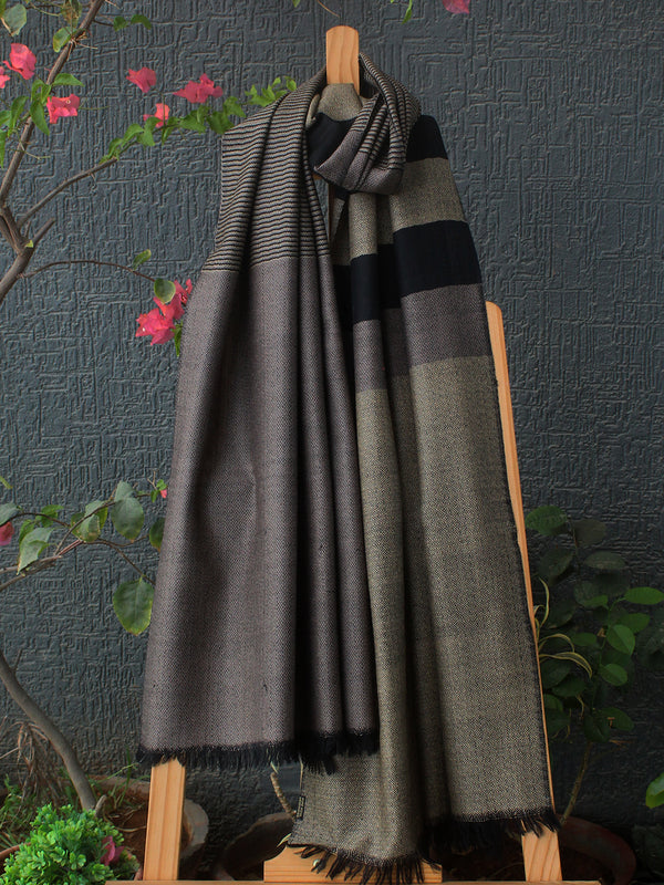 Beige and Black Handloom Pure Wool Kullu Stole