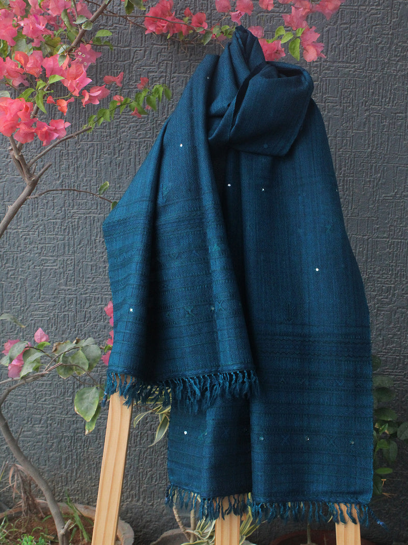 Blue Bhujodi Handloom Pure Wool Jalbooti Mirror Work Stole
