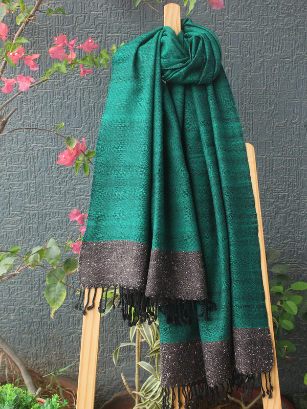 Green Kullu Handloom Pure Wool Stole With Yak Wool Border