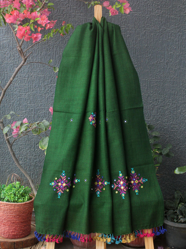Green Bhujodi Handloom Pure Wool Ahir Hand Embroidery Stole