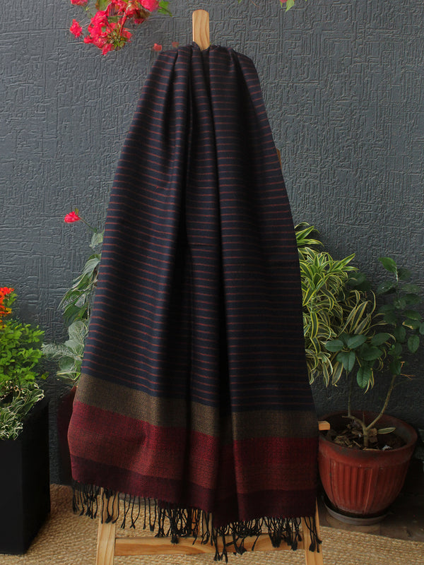 Navy Blue Striped Kullu Handloom Pure Wool Stole