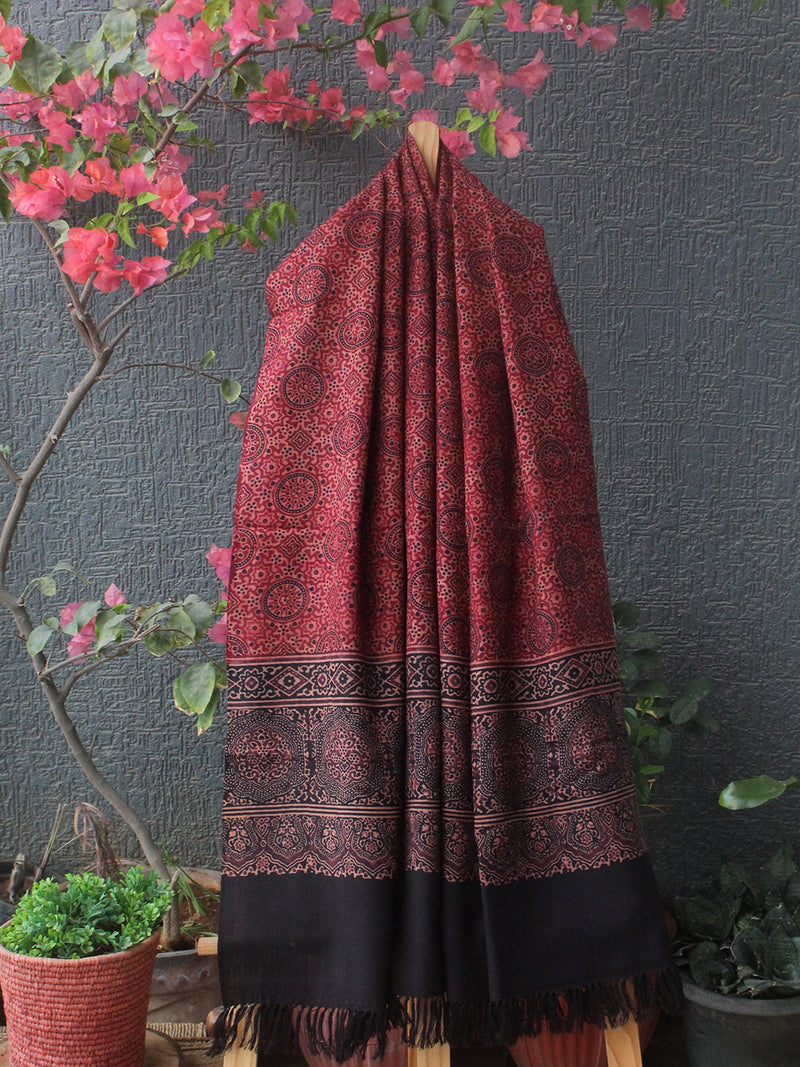 Red and Black Bhujodi Handloom Pure Wool Ajrakh Hand Block Printed Stole