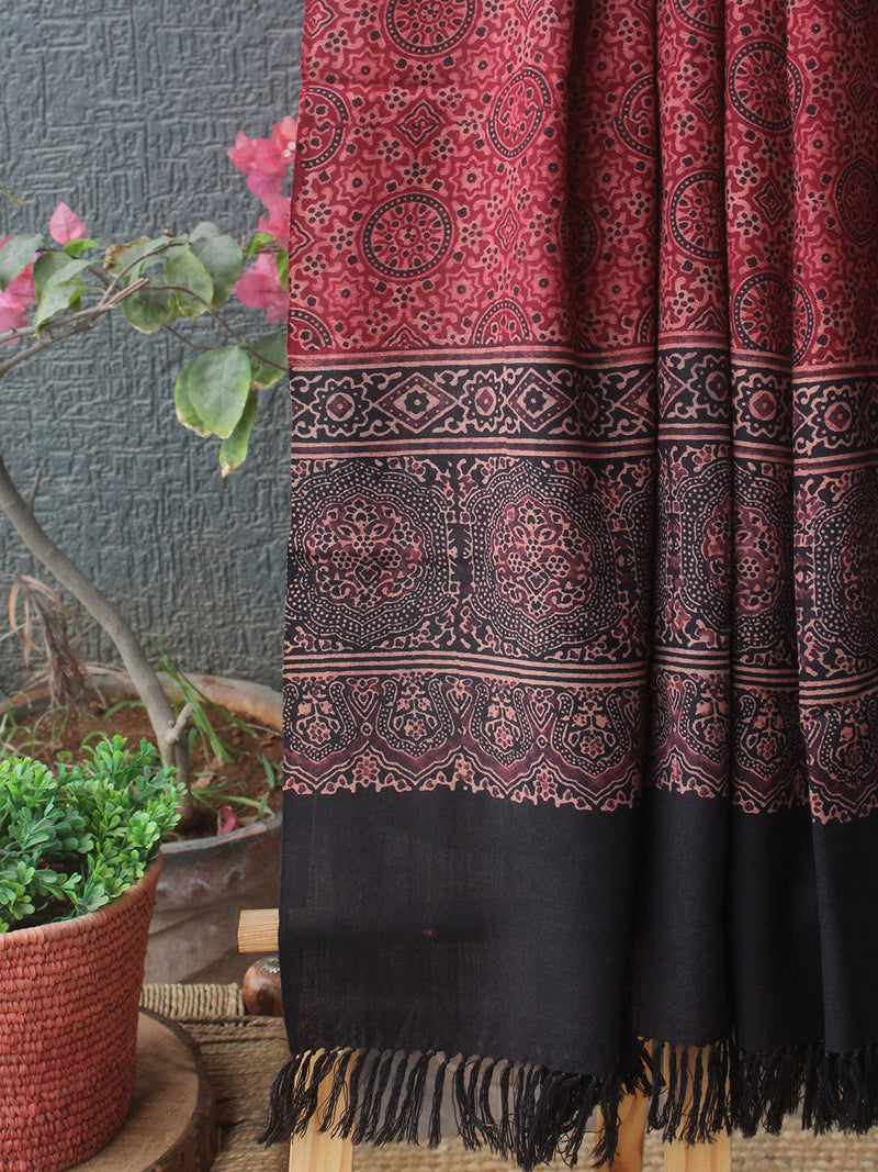 Red and Black Bhujodi Handloom Pure Wool Ajrakh Hand Block Printed Stole