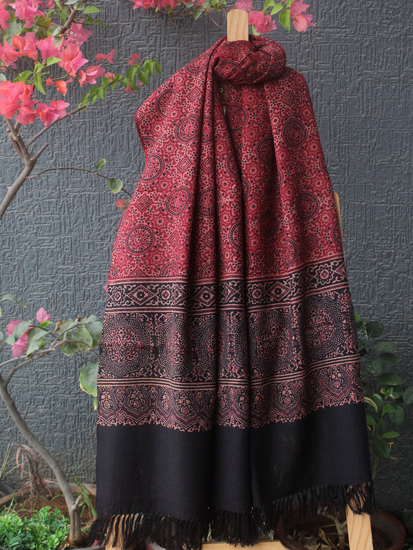 Red and Black Bhujodi Handloom Pure Wool Ajrakh Hand Block Printed Stole