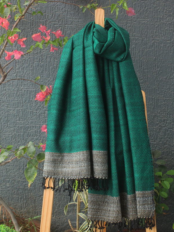 Green Kullu Handloom Pure Wool Stole With Yak Wool Border