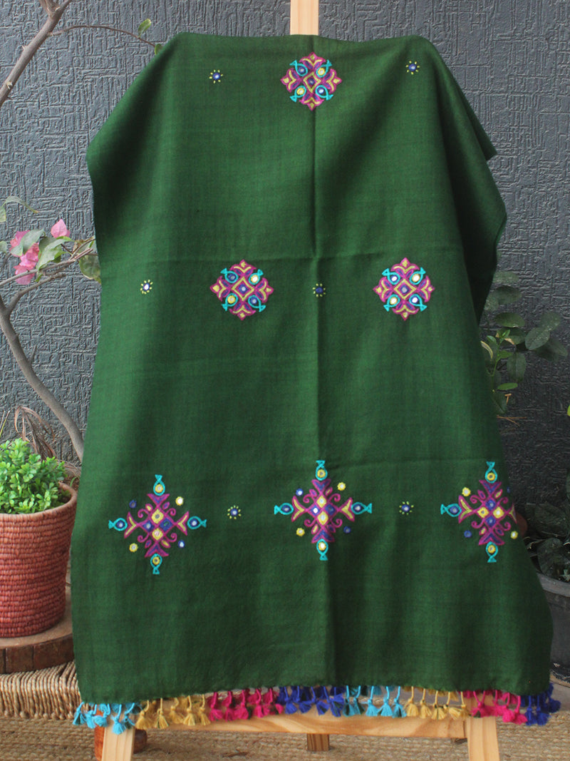 Green Bhujodi Handloom Pure Wool Ahir Hand Embroidery Stole