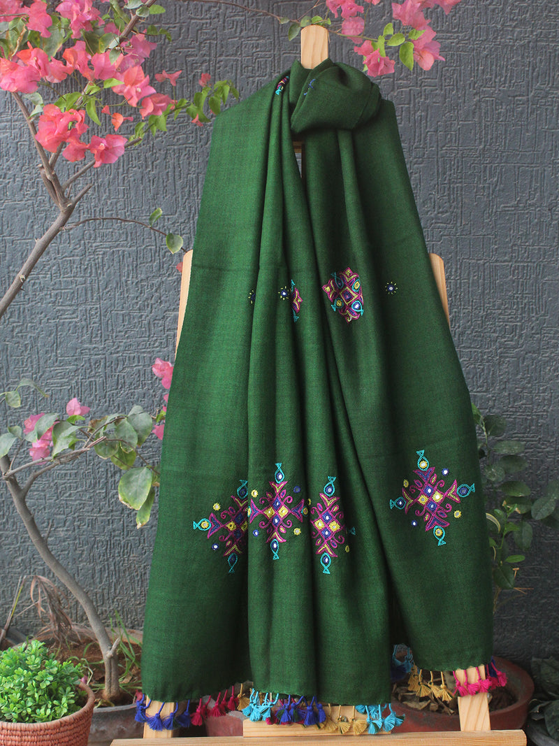 Green Bhujodi Handloom Pure Wool Ahir Hand Embroidery Stole