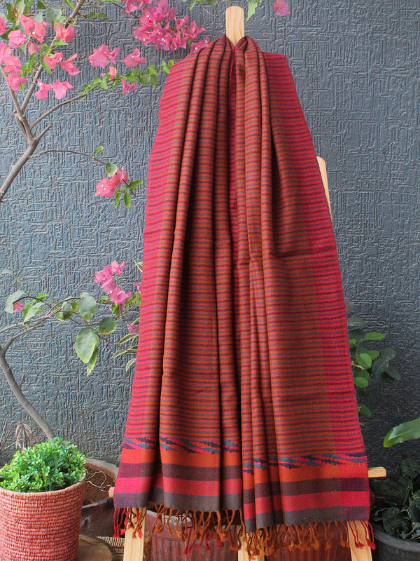 Orange Striped Kullu Handloom Pure Wool Stole