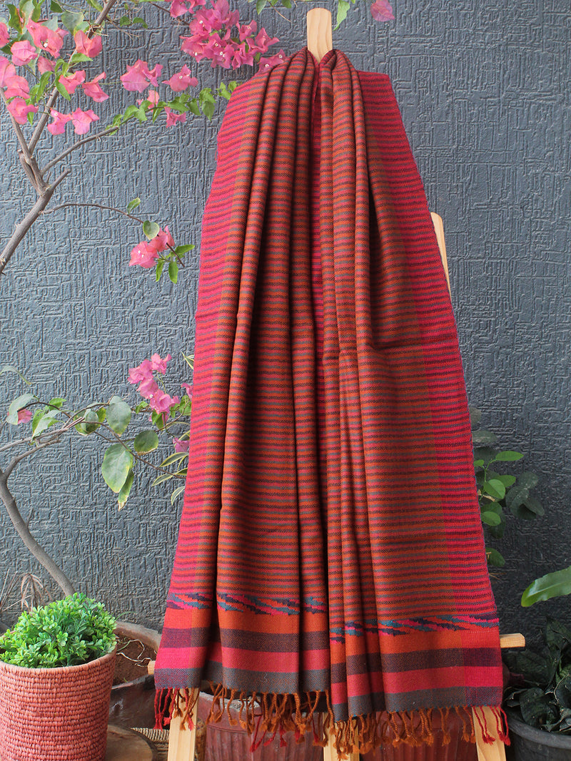 Orange Striped Kullu Handloom Pure Wool Stole