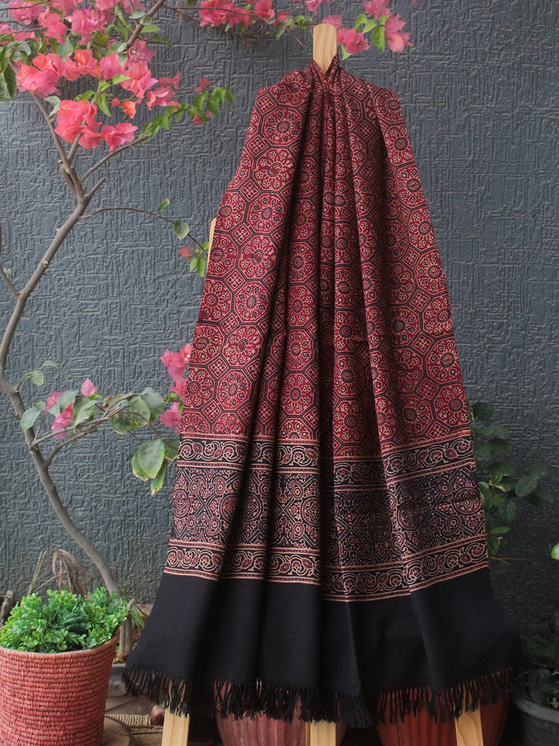 Red and Black Bhujodi Handloom Pure Wool Ajrakh Hand Block Printed Stole