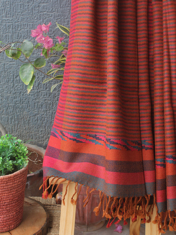 Orange Striped Kullu Handloom Pure Wool Stole