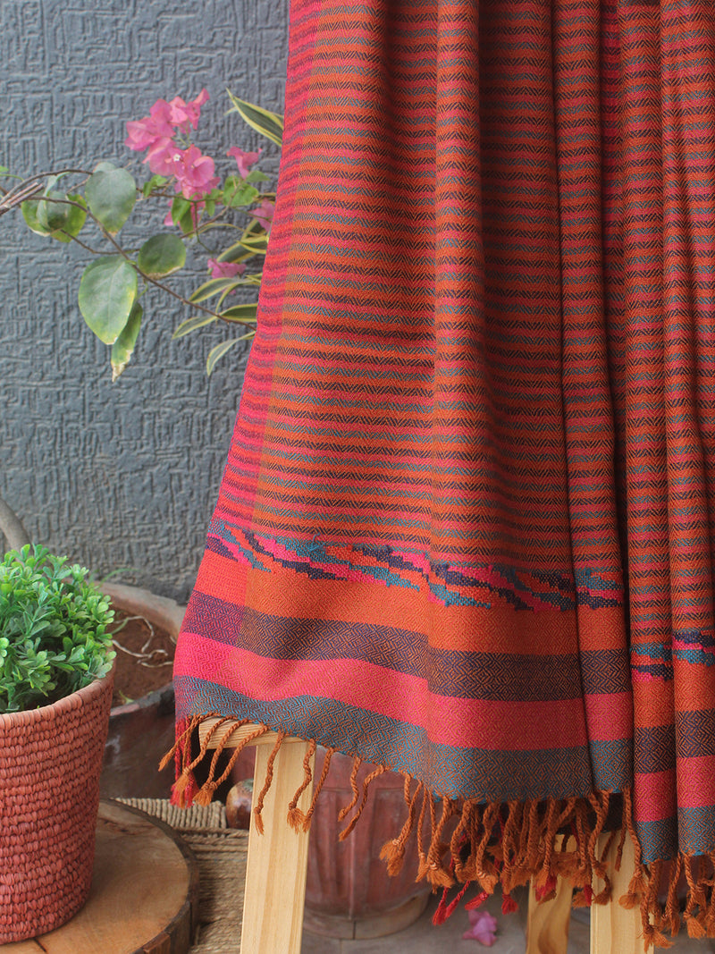 Orange Striped Kullu Handloom Pure Wool Stole