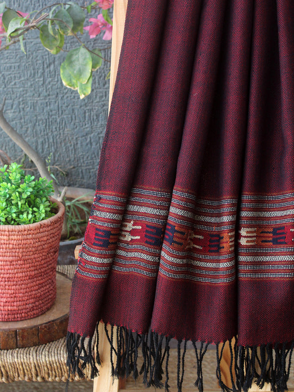 Maroon and Black Kullu Handloom Pure Wool Stole