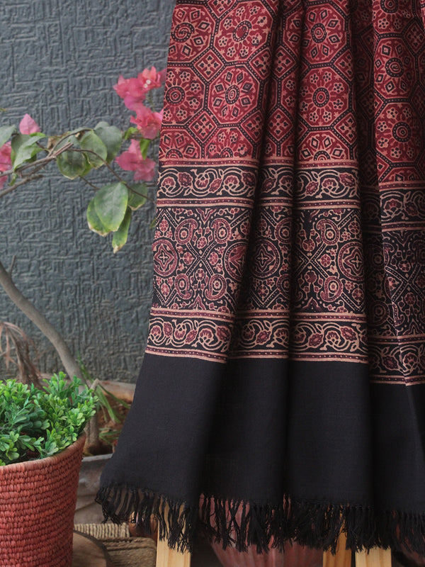 Red and Black Bhujodi Handloom Pure Wool Ajrakh Hand Block Printed Stole