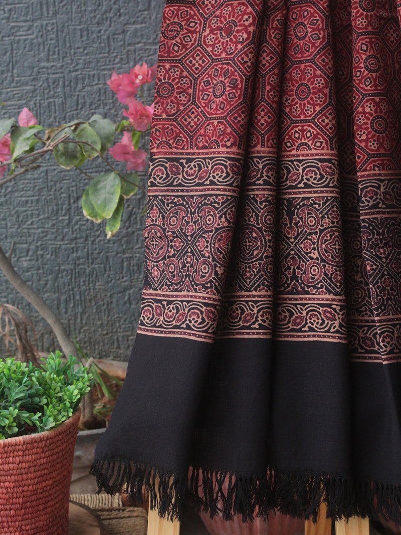 Red and Black Bhujodi Handloom Pure Wool Ajrakh Hand Block Printed Stole