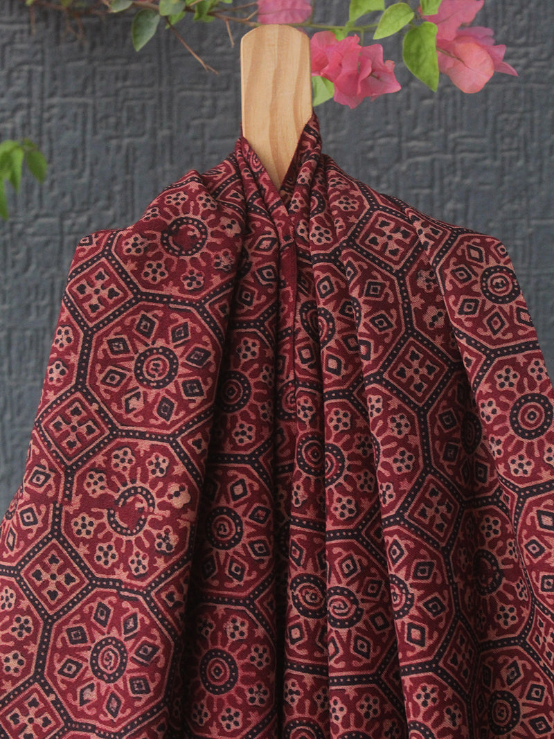 Red and Black Bhujodi Handloom Pure Wool Ajrakh Hand Block Printed Stole