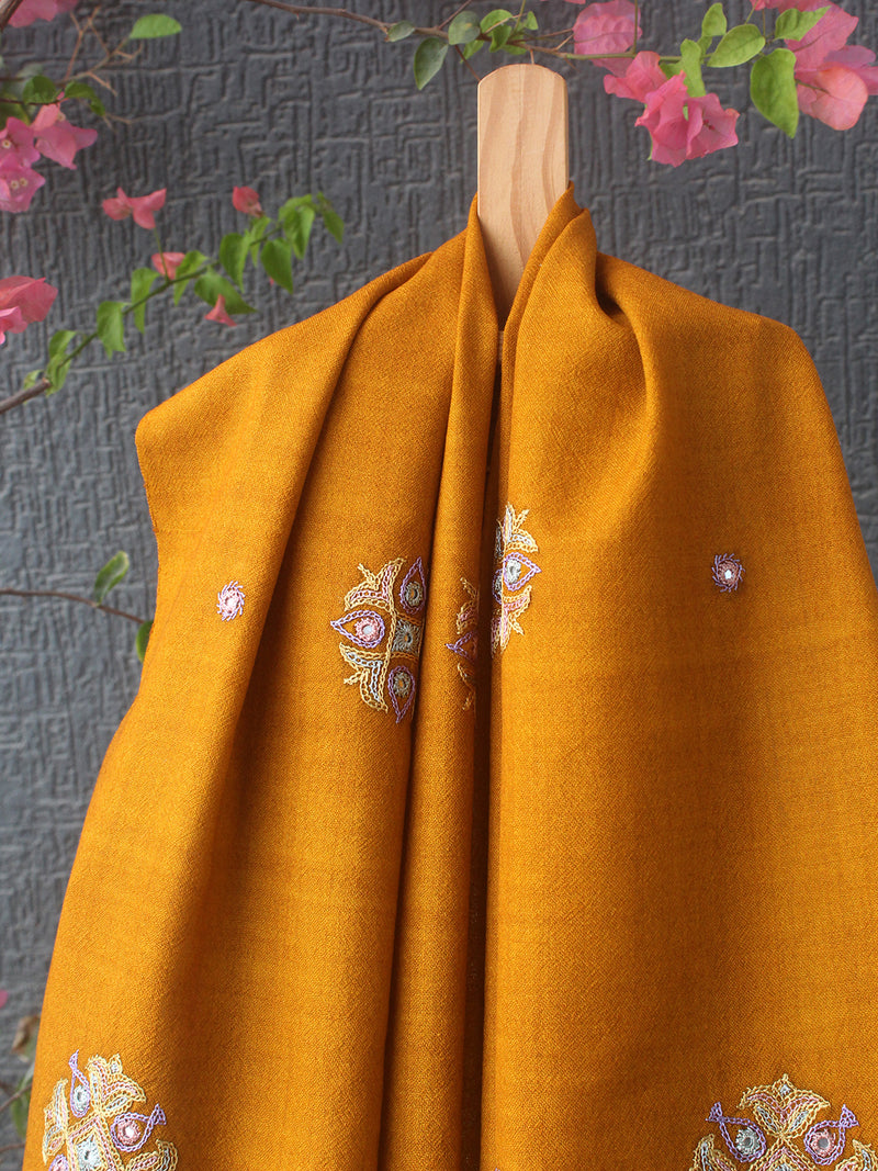 Mustard Bhujodi Handloom Pure Wool Ahir Hand Embroidery Stole