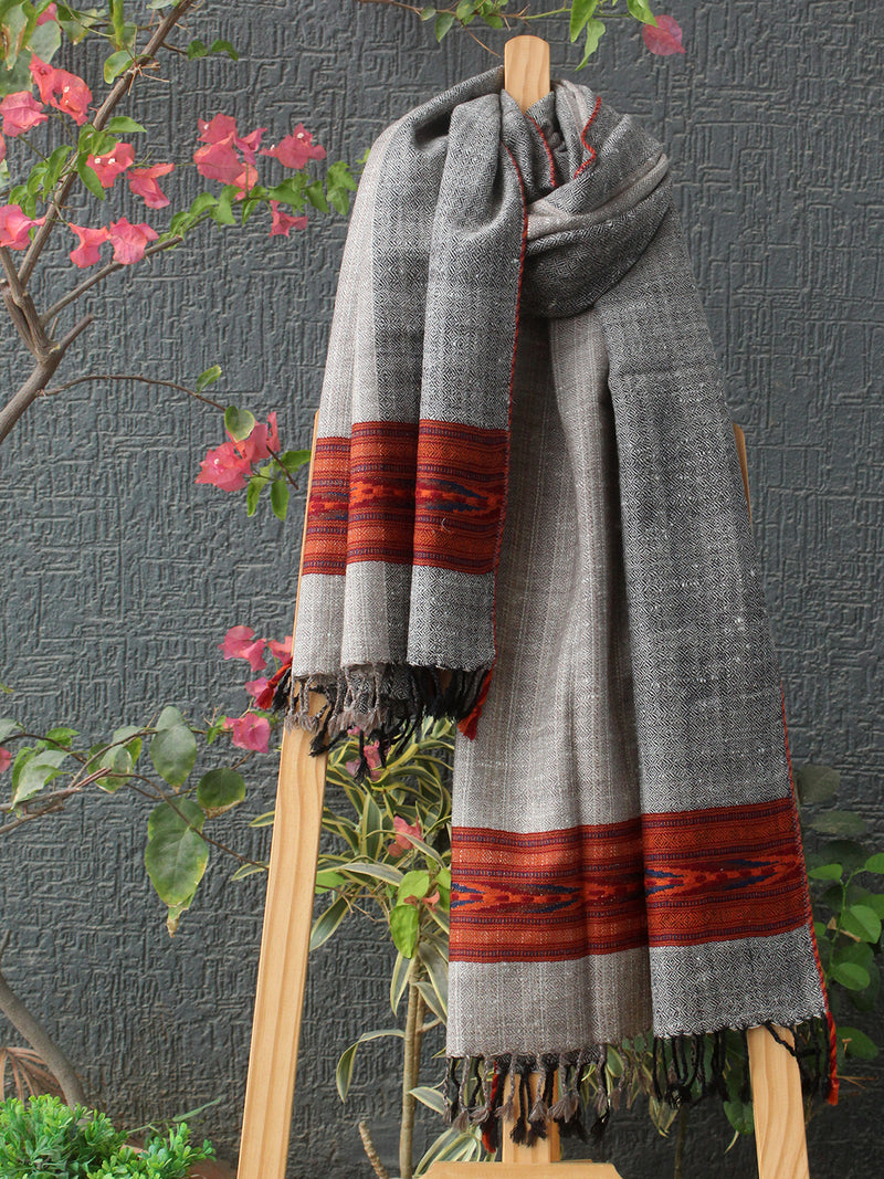 Grey Striped Kullu Handloom Pure Wool Stole