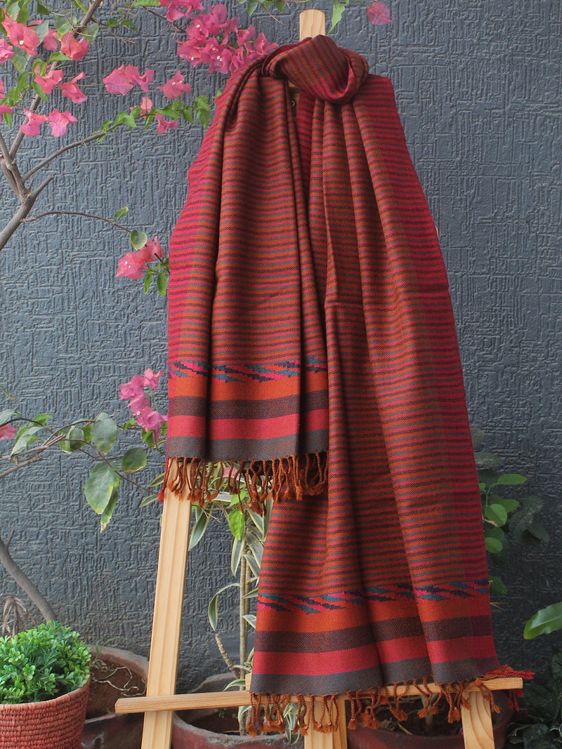 Orange Striped Kullu Handloom Pure Wool Stole