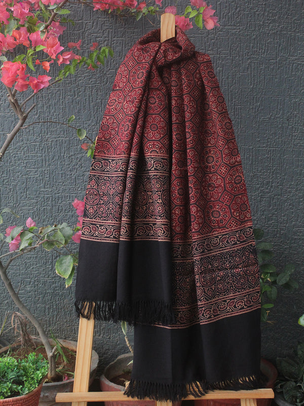 Red and Black Bhujodi Handloom Pure Wool Ajrakh Hand Block Printed Stole