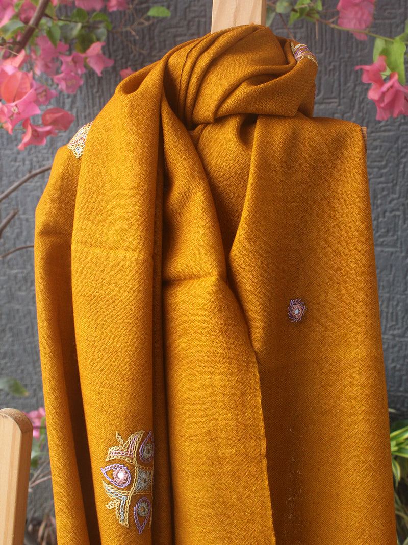 Mustard Bhujodi Handloom Pure Wool Ahir Hand Embroidery Stole