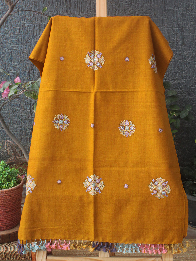 Mustard Bhujodi Handloom Pure Wool Ahir Hand Embroidery Stole