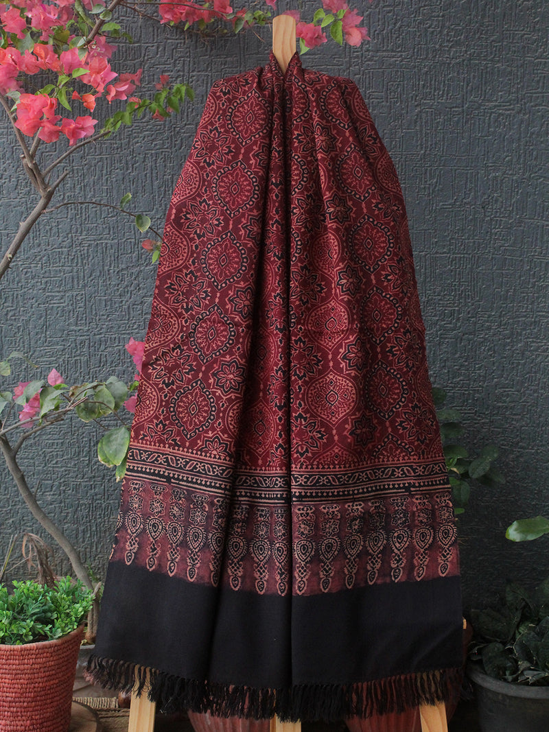 Red and Black Bhujodi Handloom Pure Wool Ajrakh Hand Block Printed Stole