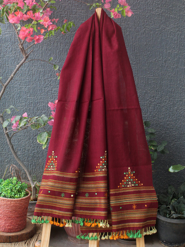 Maroon Bhujodi Handloom Pure Wool Devra Embroidery Mirror Work Stole