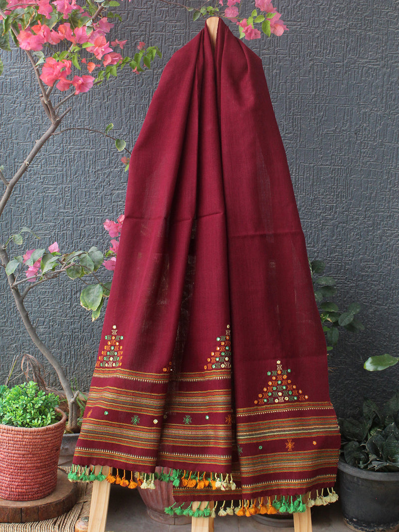Maroon Bhujodi Handloom Pure Wool Devra Embroidery Mirror Work Stole
