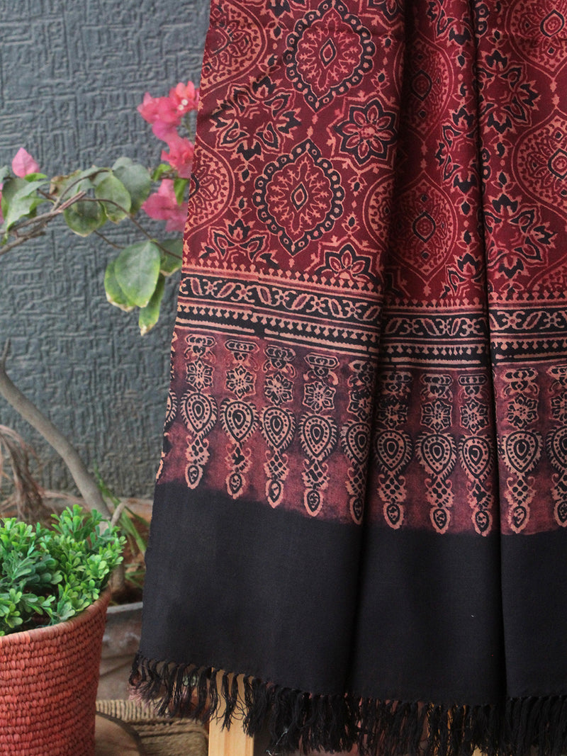 Red and Black Bhujodi Handloom Pure Wool Ajrakh Hand Block Printed Stole