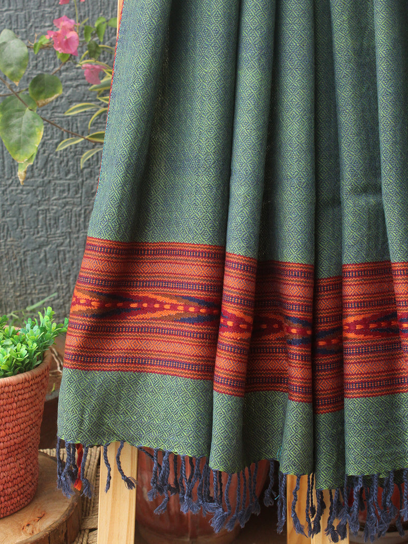 Indigo and Yellow Kullu Handloom Pure Wool Stole