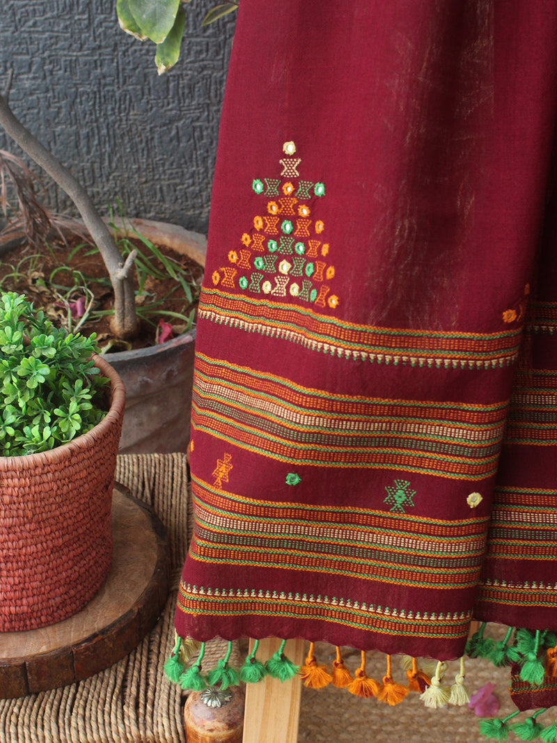Maroon Bhujodi Handloom Pure Wool Devra Embroidery Mirror Work Stole