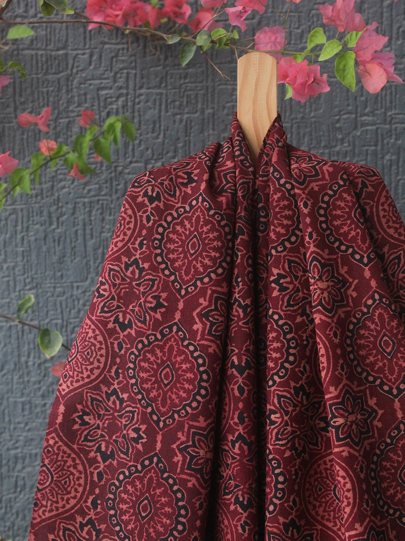 Red and Black Bhujodi Handloom Pure Wool Ajrakh Hand Block Printed Stole