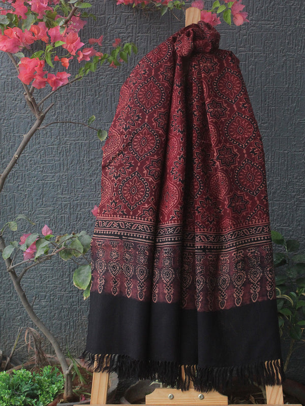Red and Black Bhujodi Handloom Pure Wool Ajrakh Hand Block Printed Stole