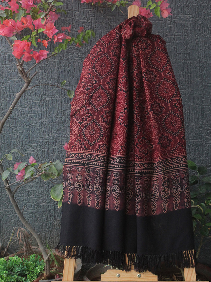 Red and Black Bhujodi Handloom Pure Wool Ajrakh Hand Block Printed Stole
