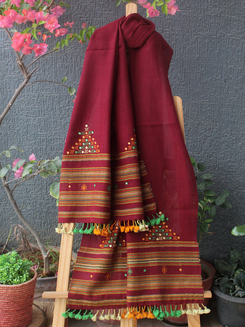 Maroon Bhujodi Handloom Pure Wool Devra Embroidery Mirror Work Stole